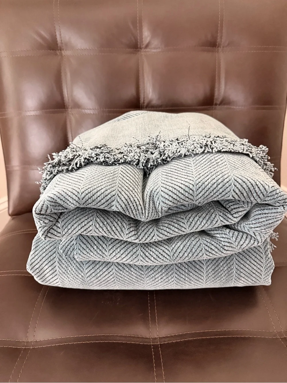 Chenille Two Piece L Shaped Sectional Blue Slipcover with Herringbone Pattern